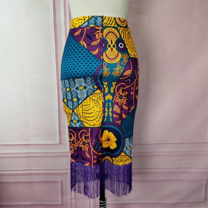 Women Summer Print Skirt Vintage Floral African Fashion High Waist Tassel Classy Modest Elegant Retro Jupes Falads Drop 210306