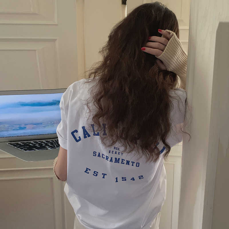 Korejpaa Women T-Shirt Summer Korean Chic Girls Simple Casual Basic Round Neck Contrast Letter Printing Loose Versatile Top 210526