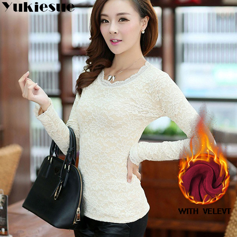sexy white lace blouse shirt Women tops elegant winter warm fleece blouse Summer tops female blouse long sleeve blusas Plus size 210225