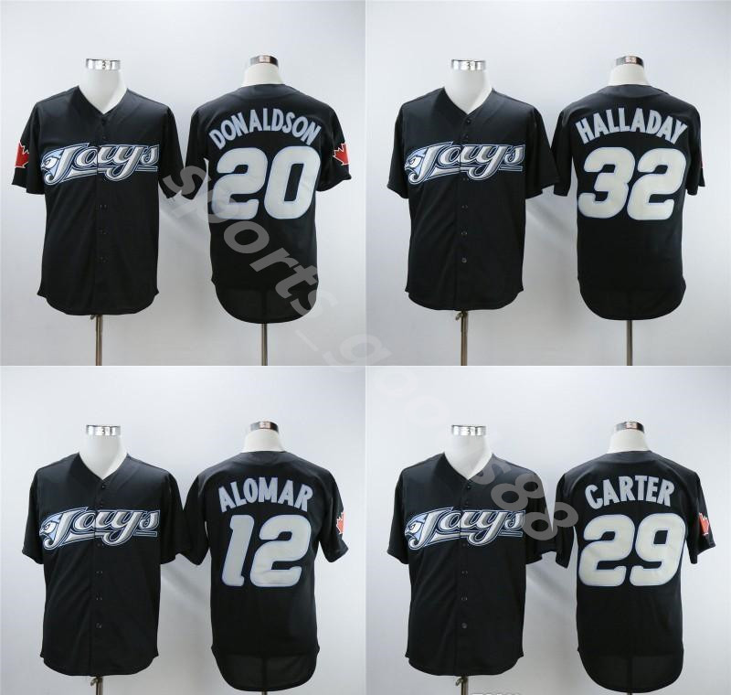Mens Toronto Jersey 12 Roberto Alomar 20 Josh Donaldson 29 Joe Carter 32 Roy Halladay 2008 Retro Black Baseball Jerseys