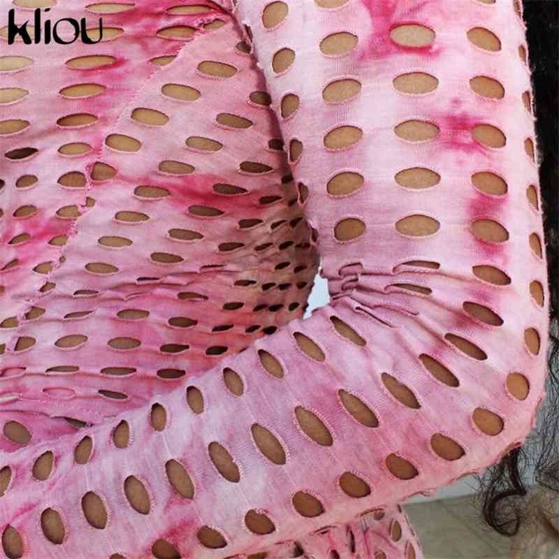 Kliou women skinny hollow out two piece set full sleeve o-neck sexy pants elastic hight streetwear summer outfit 210707