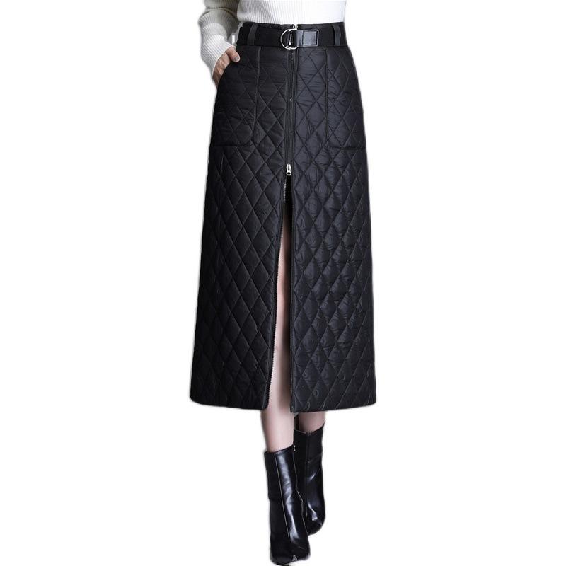 Skirts Autumn And Winter Women's Thick Warm Down Cotton Short Skirt Mid-length Zipper One-piece High Belt Pocket A-line