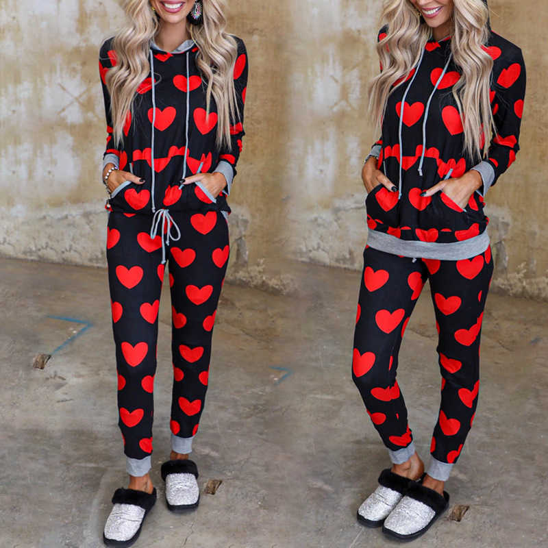 Homewear Women Spring Fall Red Heart Print Front Pocket Pullover Tops+Drawstring High Waist Pencil Pants Ensemble Pantalon Femme 210604