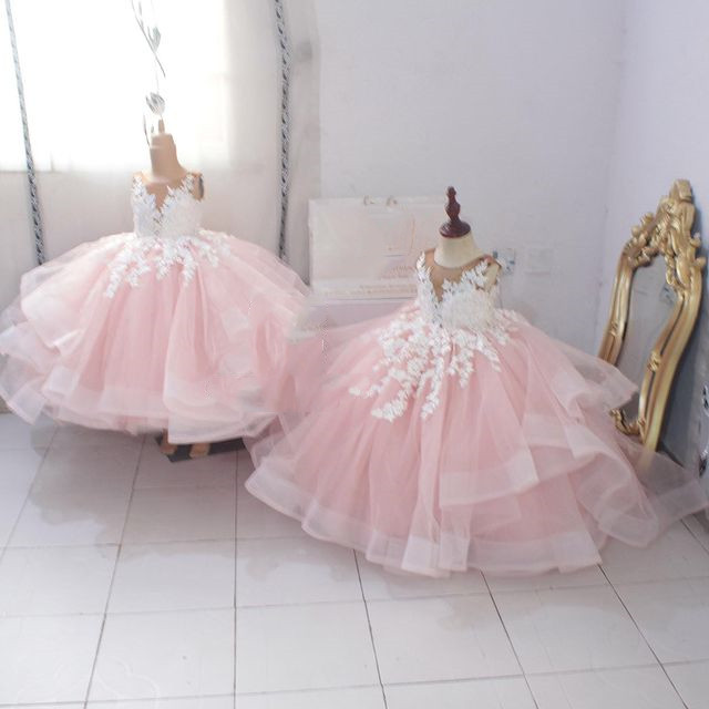 Pink Lace Flower Girl Dresses Sheer Neck Tiers Ball Gown Little Girl Wedding Dresses Cheap Communion Pageant Dresses Gowns ZJ737