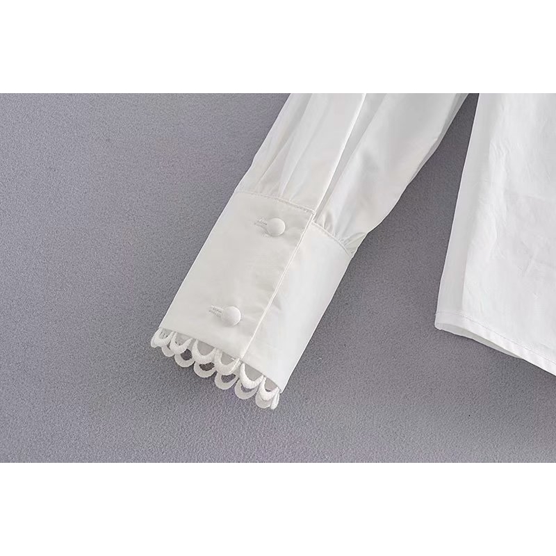 women elegant lace wave edge decprate white blouse shirts women stand collar office blusas chic autumn feminina tops LS4246 T200322
