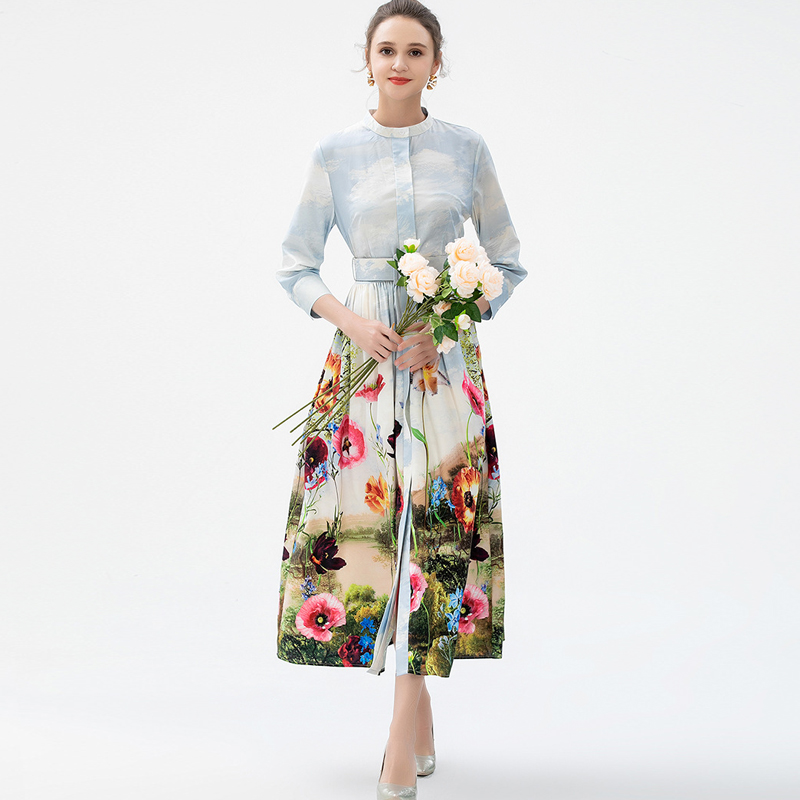 Women's Runway Dresses O Neck 3/4 Sleeves Printed Fashion Autumn Mid Calf Dress Vestidos