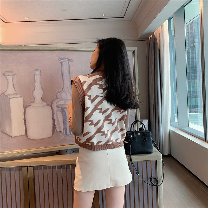 Women Knitted Sweater Vest Autumn Korean Style Vintage Geometric Houndstooth Pullover Sleeveless Waistcoat gilet pull T454 210602