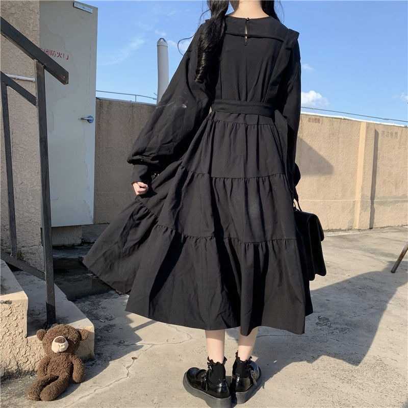 QWEEK Gothic Style Dres Harajuku Lolita Kawaii Punk Cute Long Sleeve Black Midi Emo Mall Goth 210623