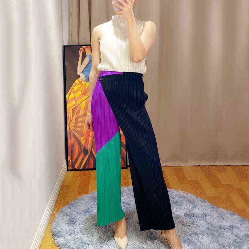 DEAT Woman Pleated Wide Leg Pants Hit Color Patchwork One Button Elastic Waist Nine Length Casual Style Autumn 15XF813 211115
