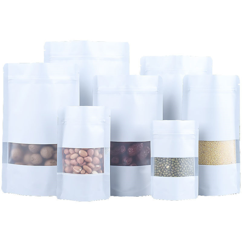 100pcs Stand up Matte White Aluminum Foil Window Zip Lock Bag Resealable Meat Coffee Powder Snack Nuts Xmas Wedding Gifts Heat Sealing Packaging Pouch