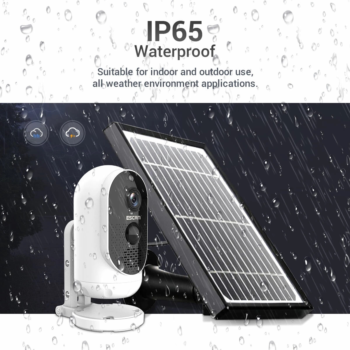 ESCAM G12 1080P Full HD Outdoor Waterproof Camera H.264 Rechargeable Battery Solar Panel Night Vision PIR Alarm WiFi Camera