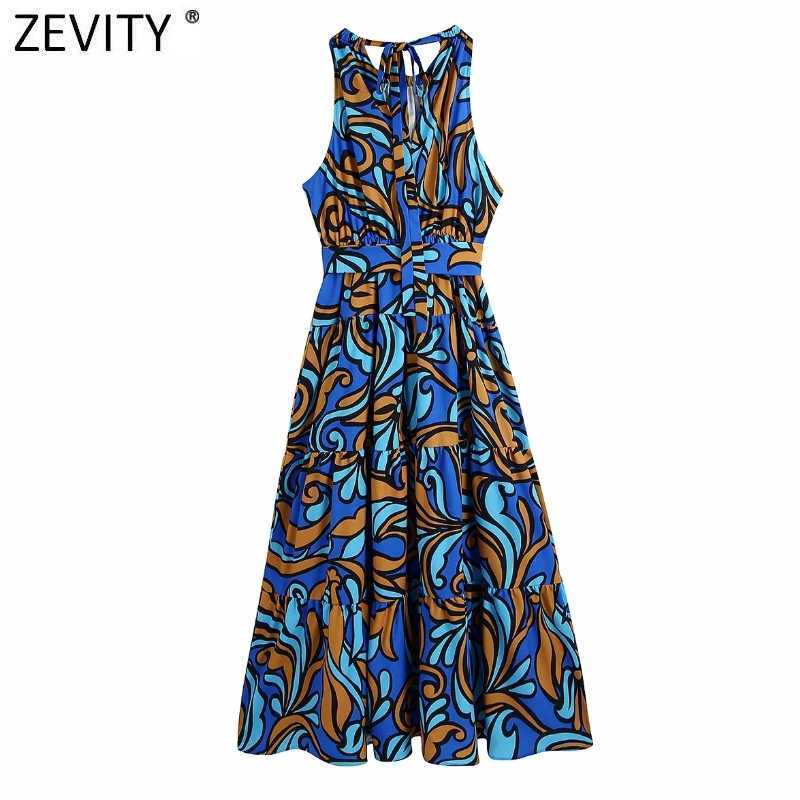 Zevity Women Vintage Totem Graffiti Print Sleeveless Halter Summer Long Dress Female Chic Bow Sashes Casual Slim Vestidos DS8350 210630