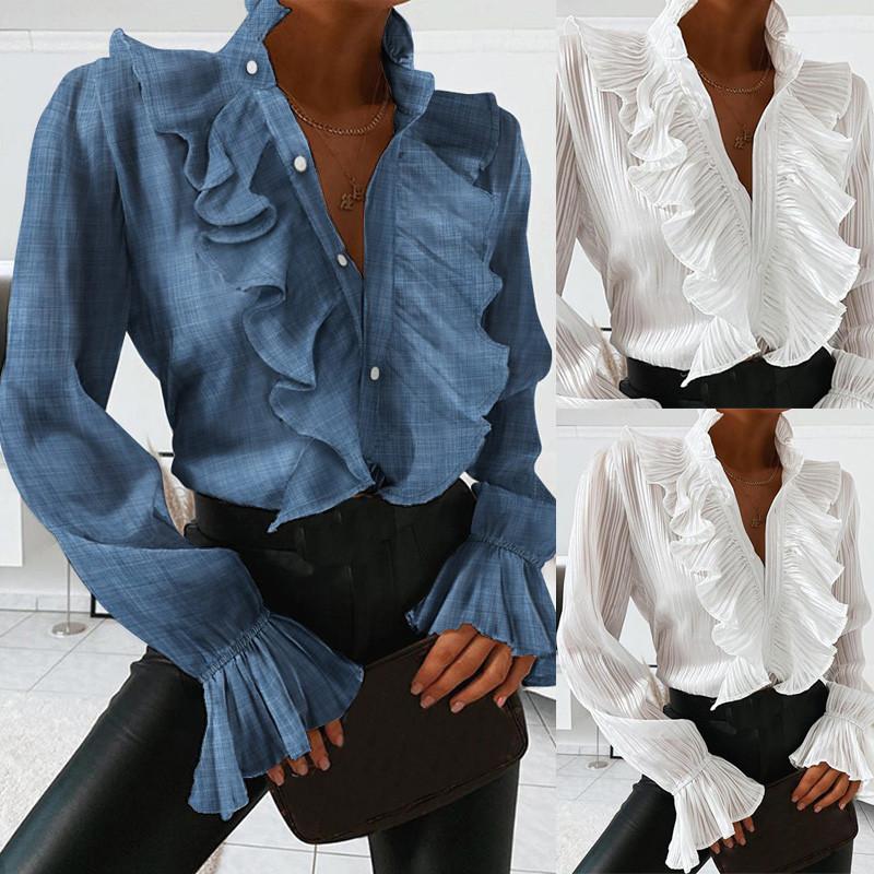 Women' Blouses & Shirts V-neck Women Elegant Blue White Ruffles Front Buttons Retro Office Lady Spring Autumn Long Sleeve Casual Tops
Women' Blouses & Shirts V-neck Women Elegant Blue White Ruffles Front Buttons Retro Office Lady Spring Autumn Long Sleeve Casual Tops