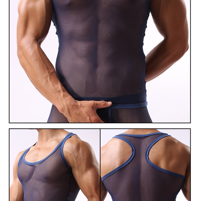 Red See Through Mesh Tank Top Men Sexy Sleeveless Mesh Sheer Undershirt Transparent Perspective Fishnet Bodybuilding Tees 210308