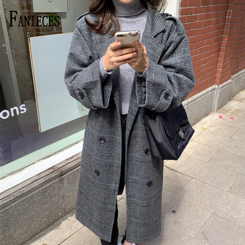 High Quality Winter Wool Blends Coat Belt Female Long Houndstooth Over The Knee Woolen Overcoat paszcz damski manteau femme 210218