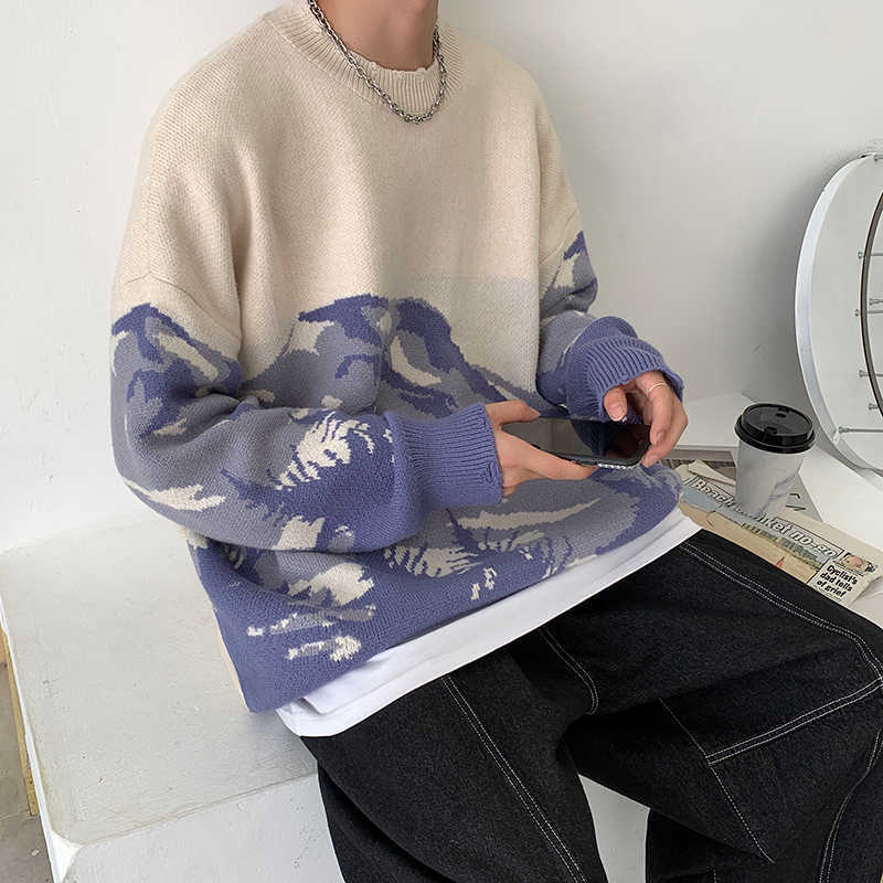 Sweater Men Streetwear Mountain Tree Pattern Hip Hop Autumn Pullover Spandex O-neck Oversize Couple Casual Men's Sweaters 210929