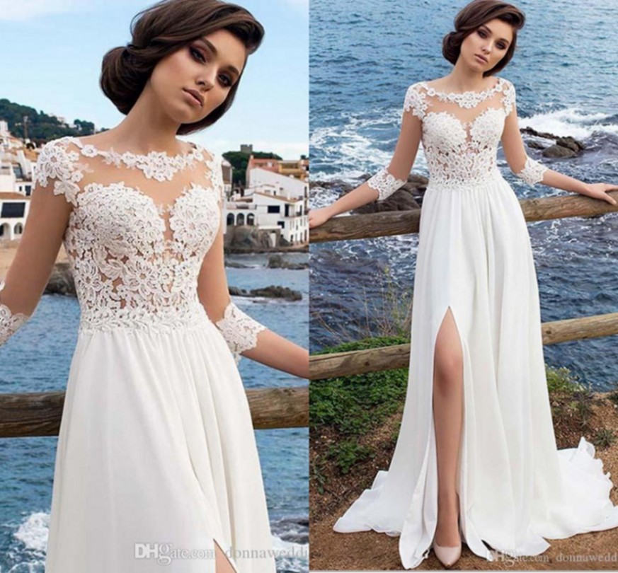 Summer Bridal Gowns Beach Millanova 2022 Sexy Sheer Lace Appliqued A Line Wedding Dresses Half Sleeves High Split Chiffon robe de mariee