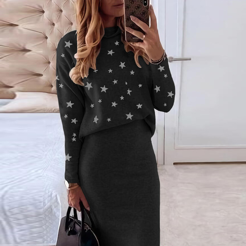 Autumn Skirts Women Set Office Lady Fashion Stars Print Sweatshirt Pullover and Bodycon Skirt Outfits Winter Vintage 2pcs Suits