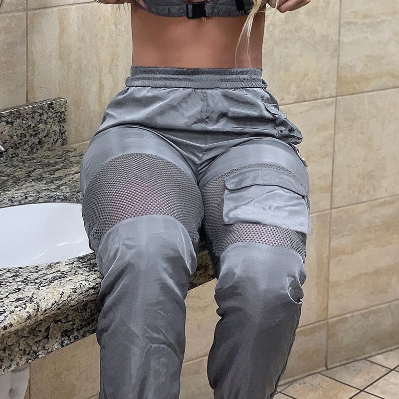 BKLD Women High Waisted Pants Mesh Patchwork Gray Streetwear Cargo Pants Women Loose Hip Hop Trousers Women Summer New T200606