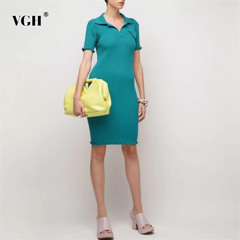 Elegant Green Knitted Dress For Women Lapel Short Sleeve High Waist Bodycon Midi Dresses Female Summer Fashion Clothing 210531