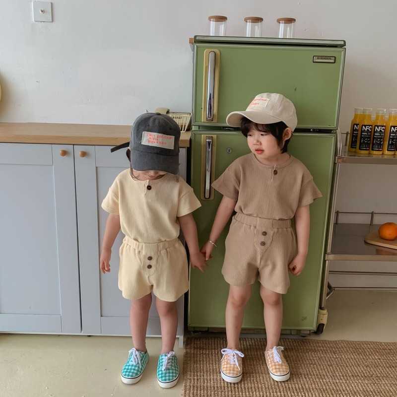 Summer children cotton loose clothes sets boys girls solid color short sleeve and shorts 2pcs suits 210615
