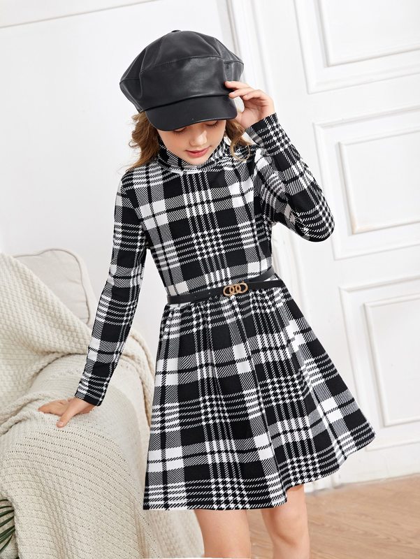 Girls Plaid Print Dress Without Belt SHE
