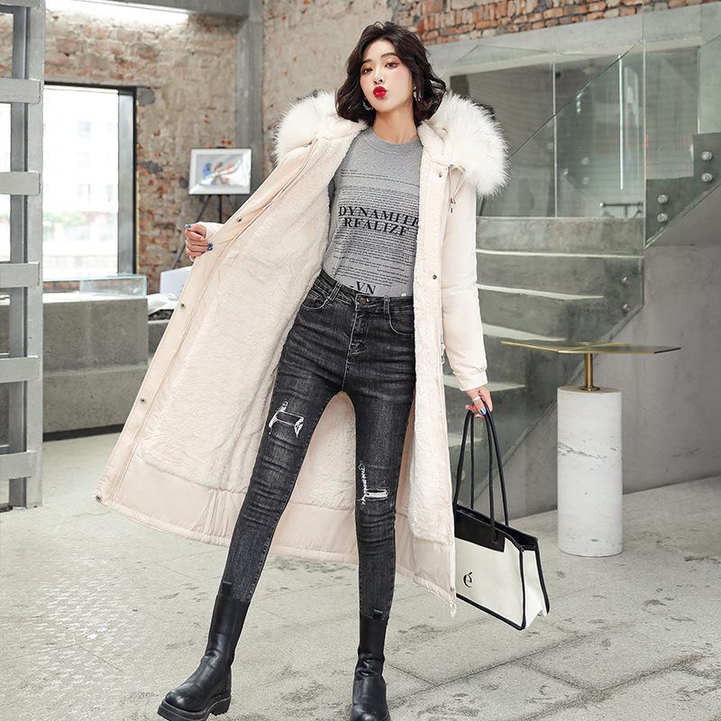 Women's Down & Parkas Long Cotton Jacket Below The Knee Slim Fit Fur Collar Fleece Cotton-Padded Coat Winter Windbreaker