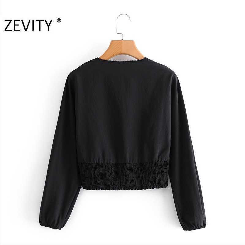 Zevity Women Sexy V Neck Lace Patchwork Casual Smock Shirts Ladies Long Sleeve Black Blouses Roupas Femininas Tops LS7275 210603