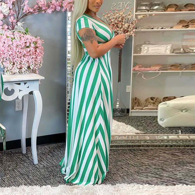 Women Short Sleeve Stripe Printed Plunge V-neck Slit Maxi Dress 210702
