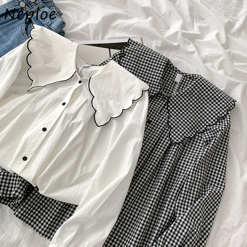 Neploe Doll Collar Hit Color Patchwork Loose Blouse Women Long Sleeve Single Breast Sweet Blusas Spring New Shirt Feminino 210225