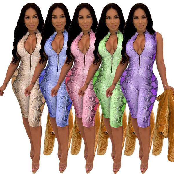 women leopard print zip open sleeveless skinny knee length leggings jumpsuits fashion high street wear rompers playsuit GLM7166 Y0625