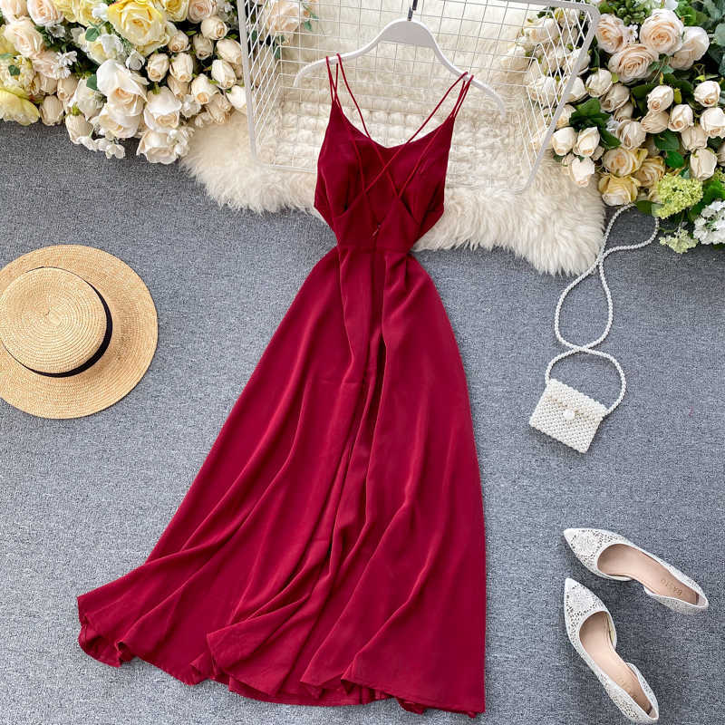 Elegant Clothes Seaside Holiday Backless High-waisted Slimming Solid Color Dress Women Sleeveless Vestidos De Fiesta L508 210527