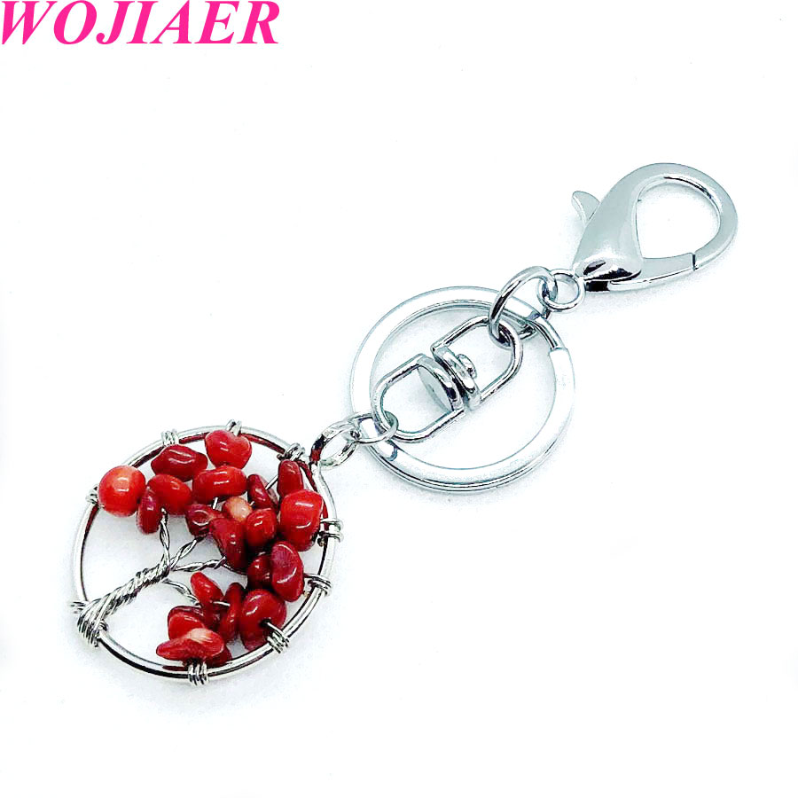 WOJIAER Natural Stone Key Chains Tiger s Eye Obsidian Tree of Life Reiki Pendant Crystal for Bag Car Ladies Jewelry DBW911