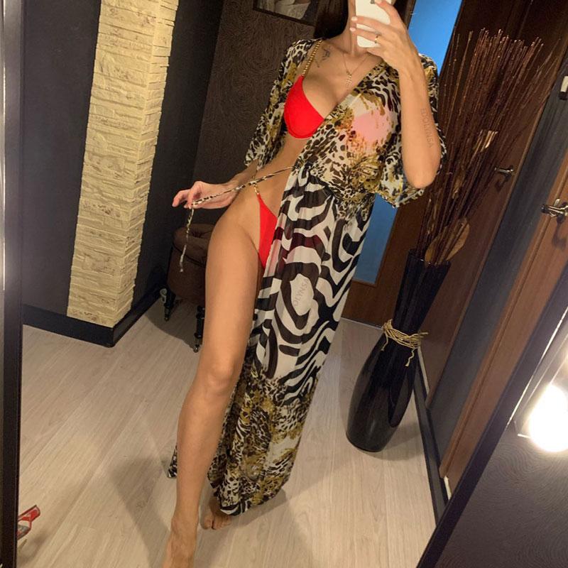 Women's Swimwear 2021 Bikini Cover-ups Bohemian Printed Long Kimono Cardigan Plus Size Chiffon Tunic Women Beach Wear Swim Suit Cover Up Q91