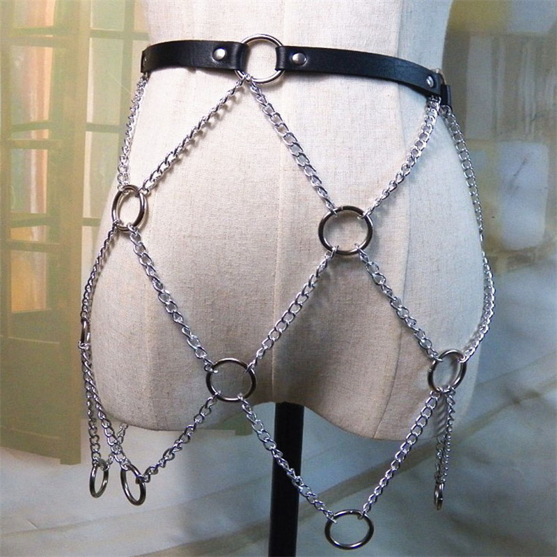 Women Faux Leather Link Chains Mini Skirts Goth Punk Metal O Rings Hollow Out Skirts Adjustable Party Club Festival Rave Skirt 210306