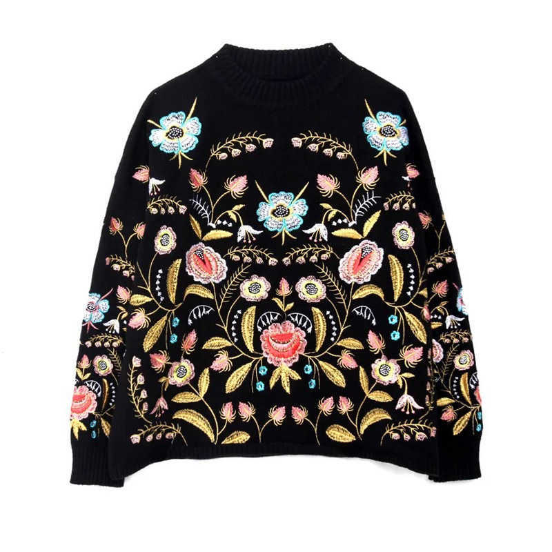 TEELYNN black floral Embroidery Pullover Sweater Women boho Long Sleeve O-neck Autumn Winter jumper Top Loose knitted sweaters 210805
