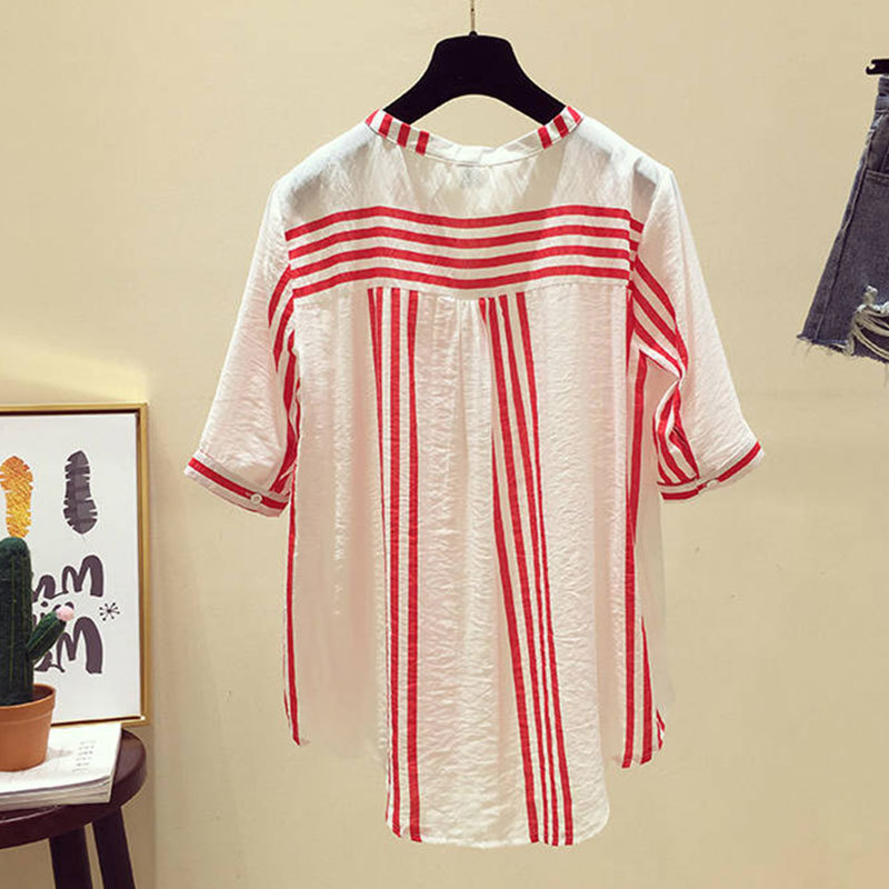 F&je New Summer Women Shirt Plus Size Short Sleeve Loose Casual V-neck Ladies Tops Vertical Striped Blouses Big Size S-5XL D19 210225