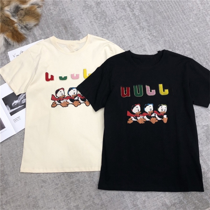 Top end net red 2021 cartoon duck flocking round neck fashion loose short sleeve T-shirt for women, White 
Top end net red 2021 cartoon duck flocking round neck fashion loose short sleeve T-shirt for women, White
