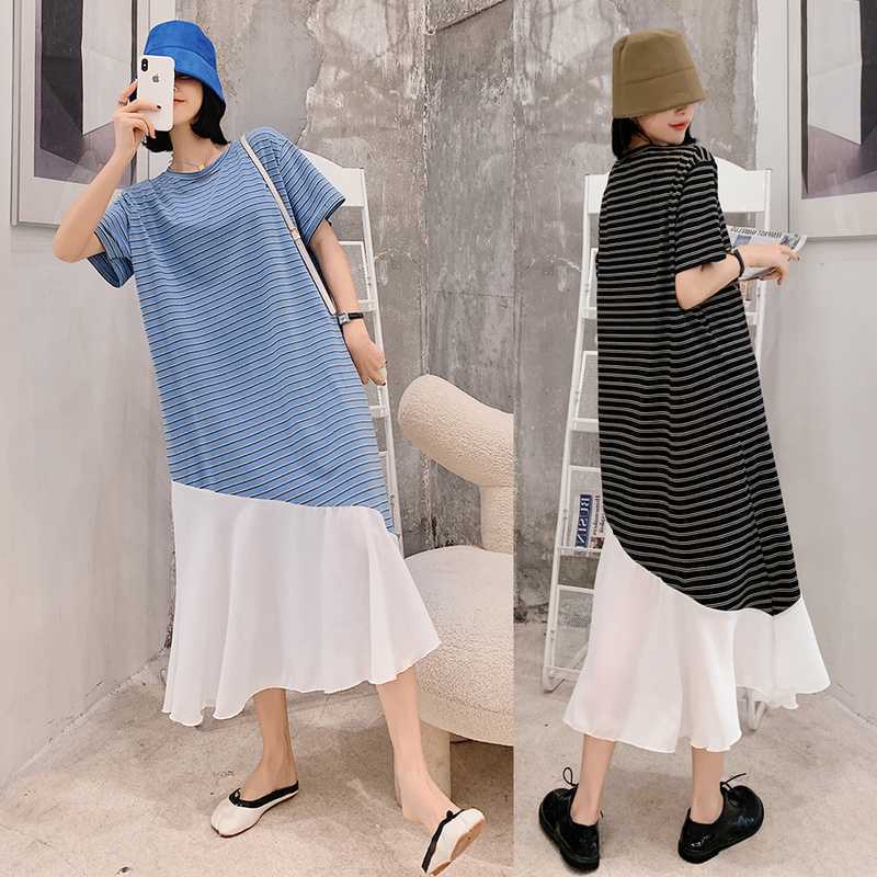 Spring and Summer Korean Striped Stitching Chiffon Short-sleeved Dress Irregular Casual Loose Comfortable Home Female 210615Z