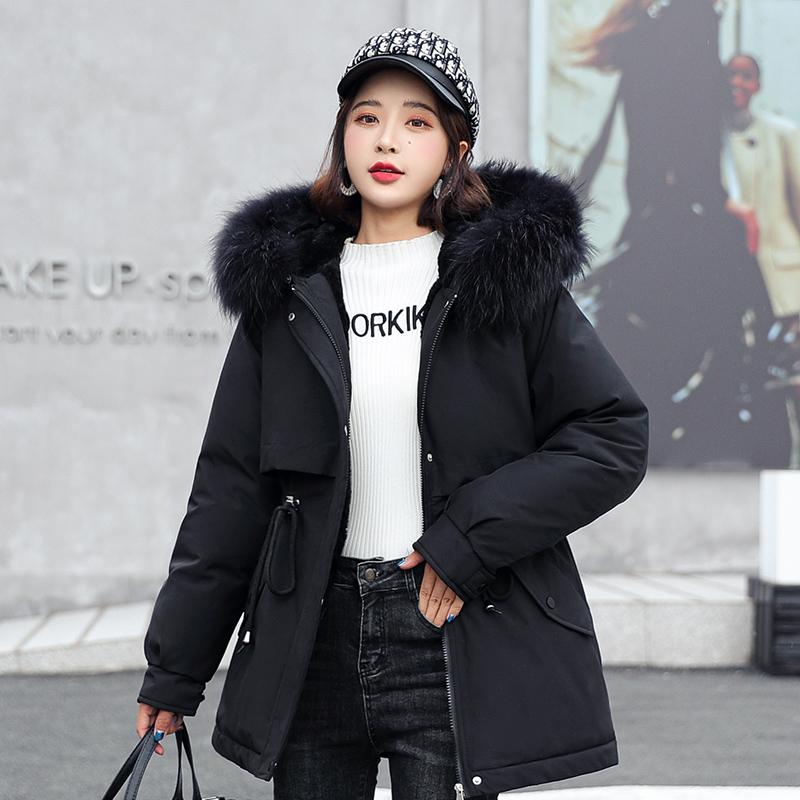 Womens Down Parkas Short Adjustable Waist Cotton Liner Parka Casual Warm Winter Jackets For Women Fur Collar Hooded Coat