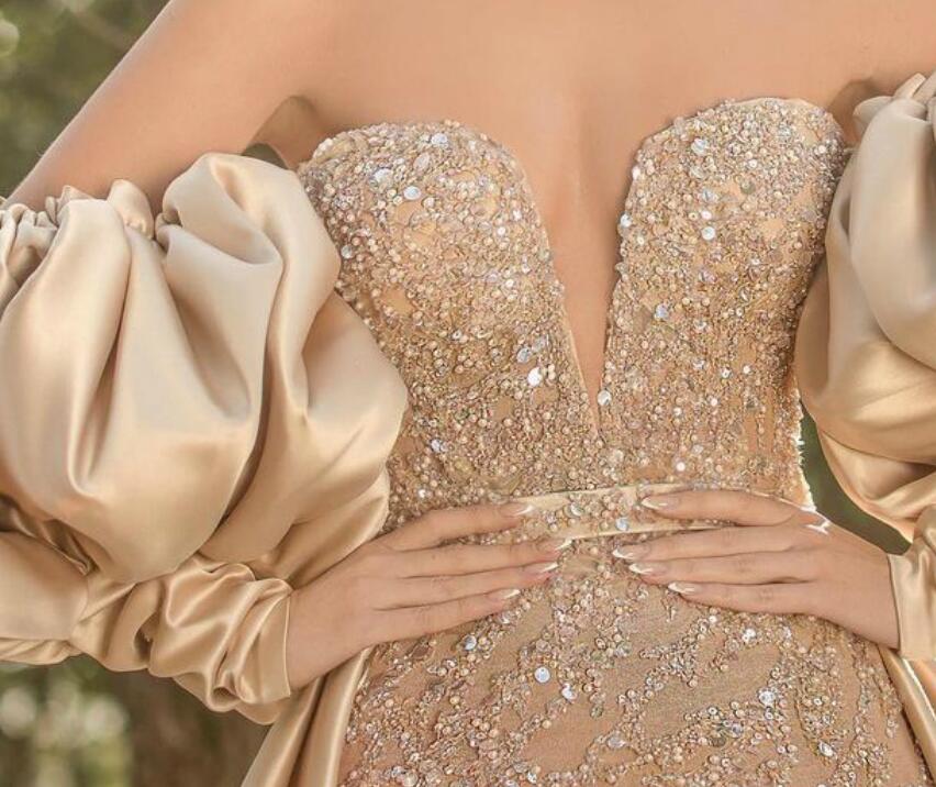 Aso Ebi 2021 Arabic Gold Luxurious Sexy Evening Dresses Beaded Crystals Prom Dresses Sheath Formal Party Second Reception Gowns ZJ115