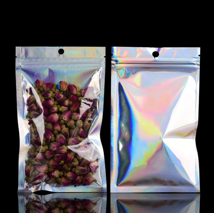 100pcs Hologram Aluminum Foil Zip Lock Laser Bags Resealable Clear Window Jewelry Trinkets Nail Stickers Eyelashes Beads Snack Coffee Tea Hologaphic P