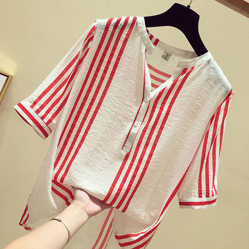 F&je New Summer Women Shirt Plus Size Short Sleeve Loose Casual V-neck Ladies Tops Vertical Striped Blouses Big Size S-5XL D19 210225