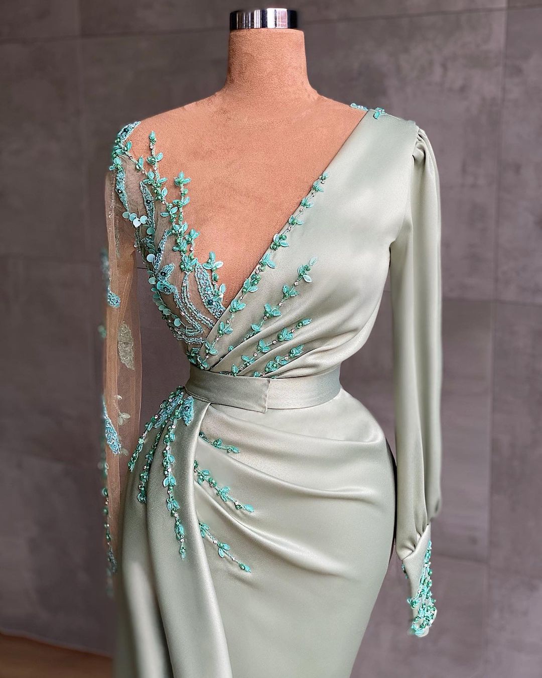 Aso Ebi 2021 Arabic Sage Mermaid Sexy Evening Dresses Beaded Sequins Prom Dresses Sheer Neck Formal Party Second Reception Gowns ZJ236