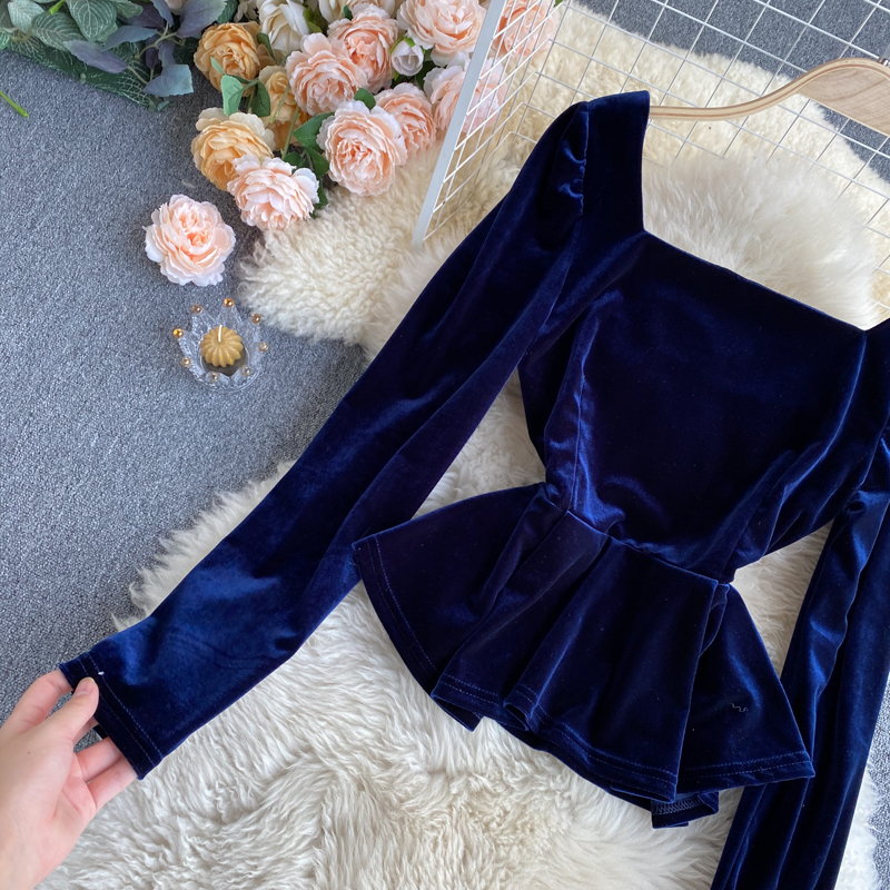 Lady New Fashion Square Collar Slim Retro Velvet Long Sleeve Tops Women Solid Color Casual Clothes Camisas Mujer Q760 210225