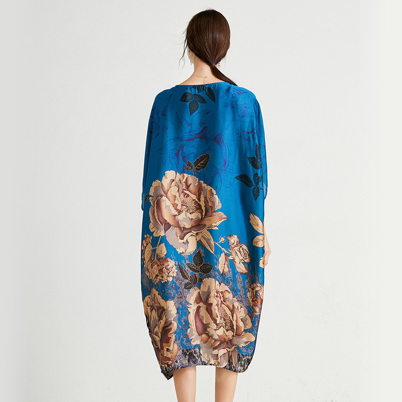 Vintage Silk Dress Summer Loose Printed Batwing Sleeve Plus Size Dresses Women Streetwear Clothing 2D3637 210526