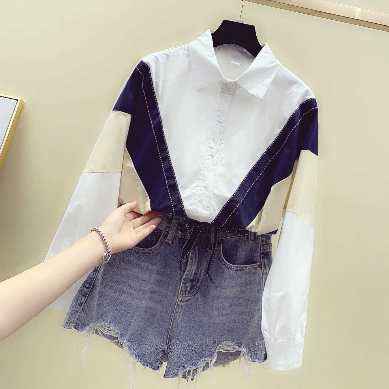 Spring and Summer Korean-style Casual Women Shirts Loose-Fit Bow Lace-up Shirt Women's Patchwork 210615Z