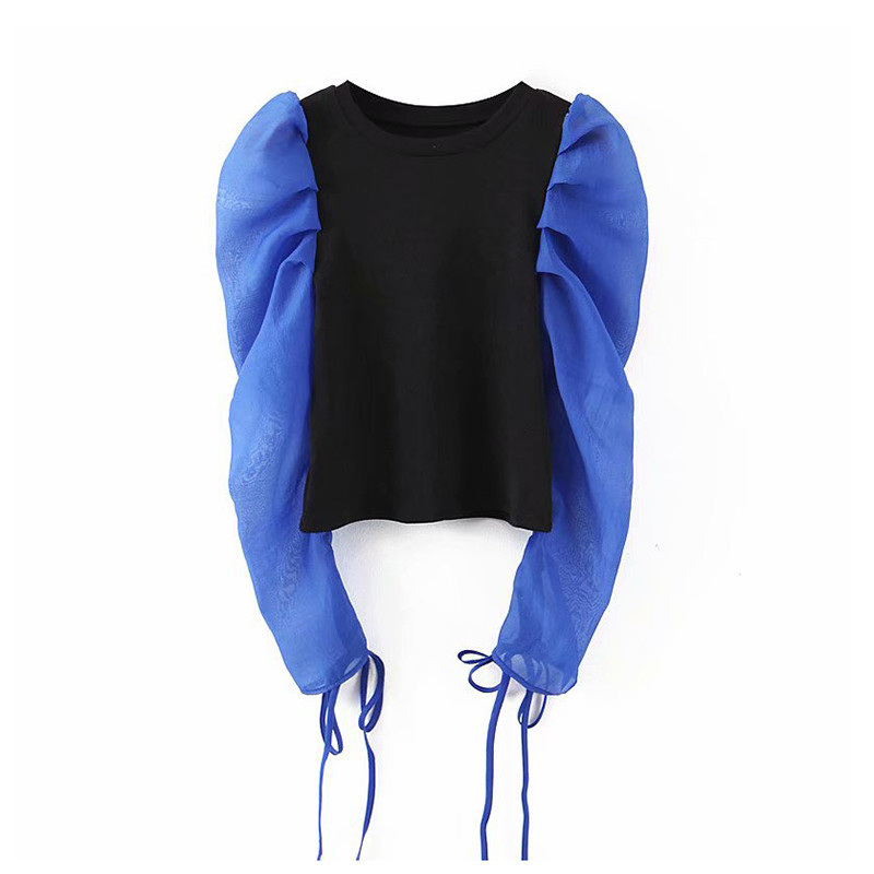 Women sweet patchwork blouse O neck long puff sleeve shirt female office wear basic cute tops blusas 210225