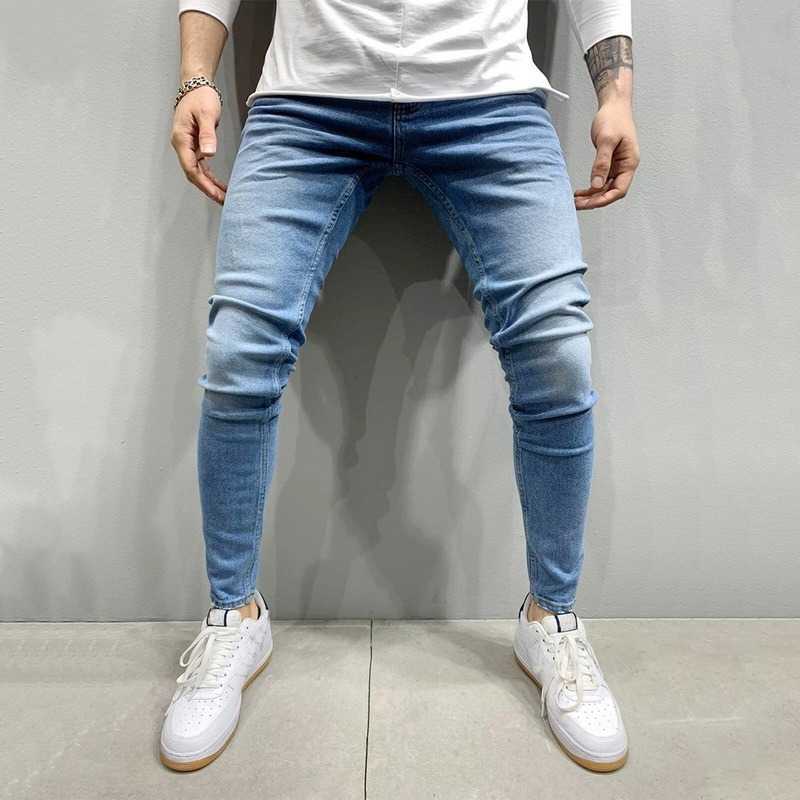 Puimentiua Jeans Men Elastic Waist Skinny Stretch Ripped Pants Streetwear s Denim Blue 211011