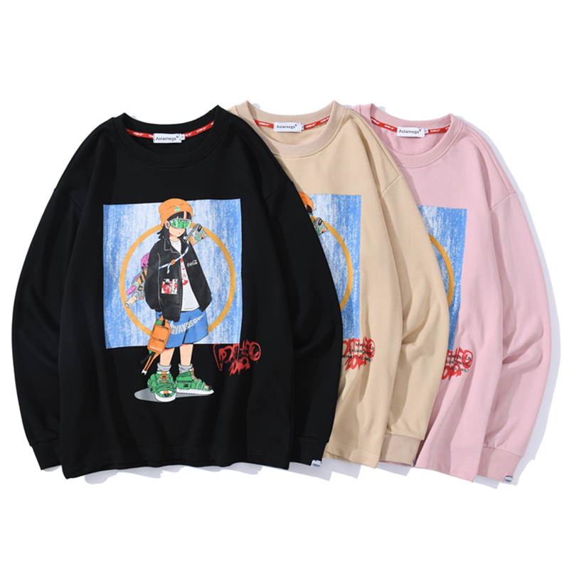 Aolamegs Men Sweatshirt High Street Cool Girl Printed O-Neck Long Sleeve Streetwear Autumn Casual Fashion College Style Pullover 201020